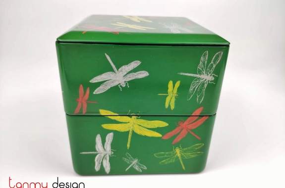  2-tier square green box with hand painted dragonfly 12xH12cm